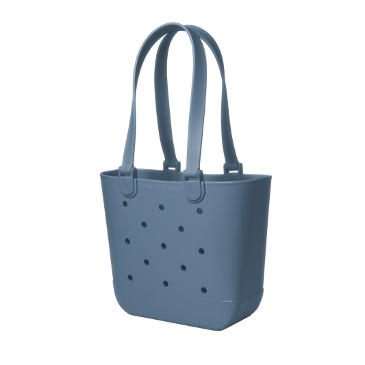 Muted slate blue modern tote bag with clean lines and minimalist design, shown against a neutral background