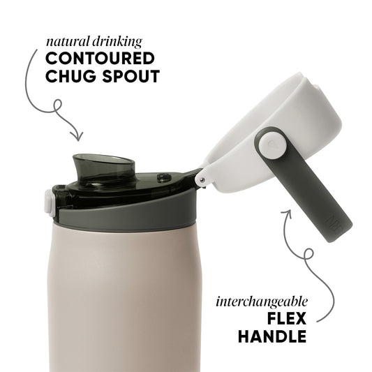 Cream and charcoal gray water bottle with black lid and flex handle against a white background