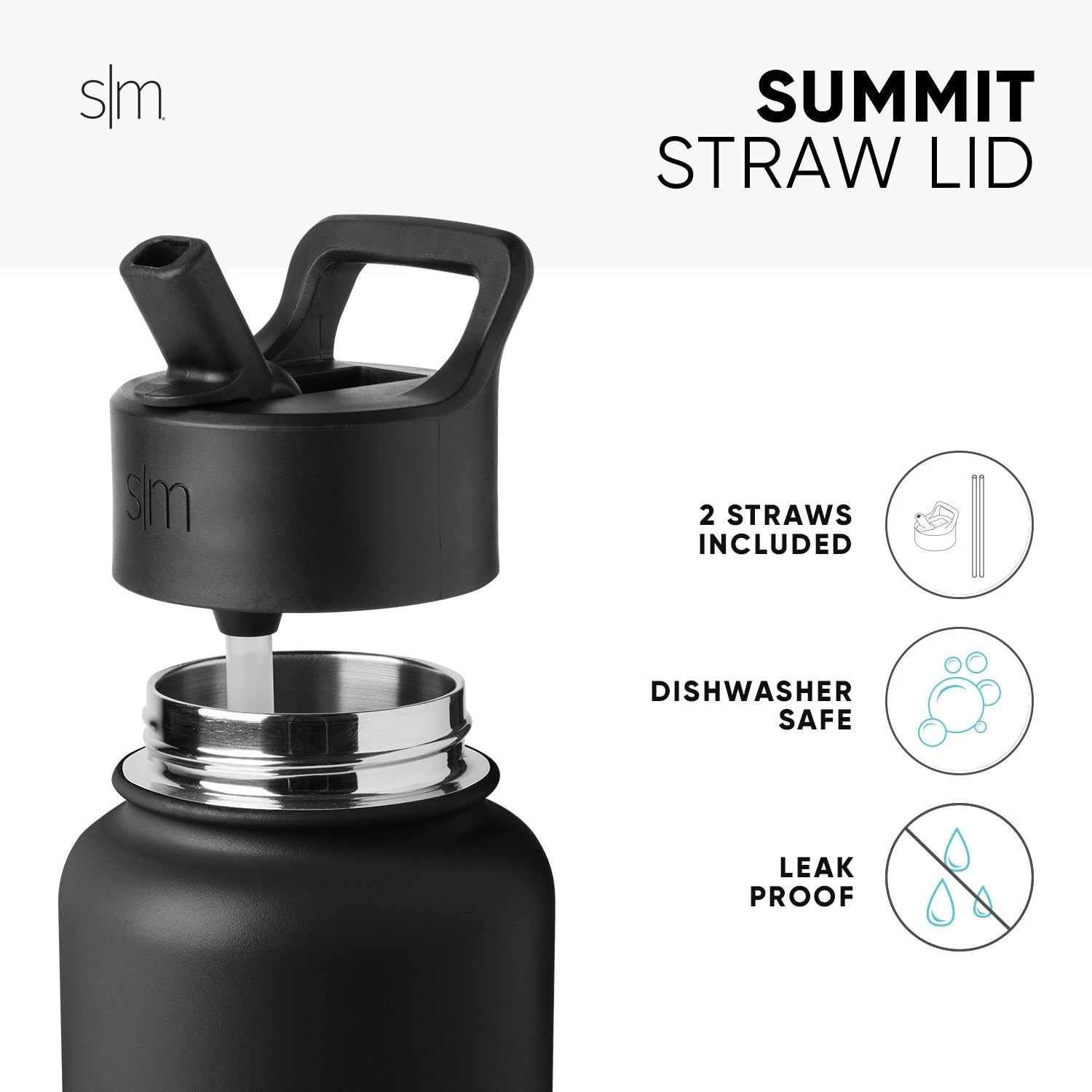 Black and metallic silver SM Summit water bottle with matte finish base, polished stainless steel interior rim and straw attachment hardware