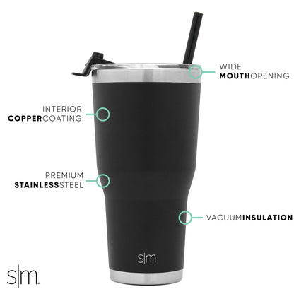 Black matte tumbler with brushed stainless steel rim and base, featuring mint green and turquoise circular design elements.