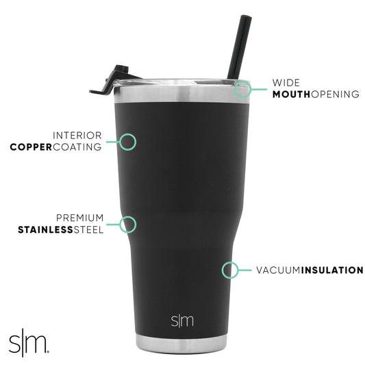 Black matte stainless steel tumbler with silver-tone rim and base against dark background