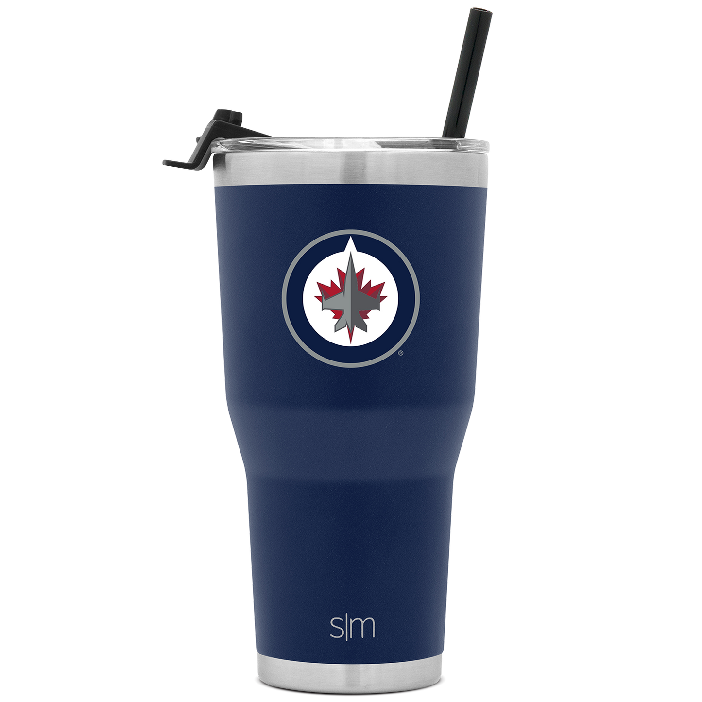 Deep navy blue tumbler with brushed stainless steel silver gray bands on top and bottom edges