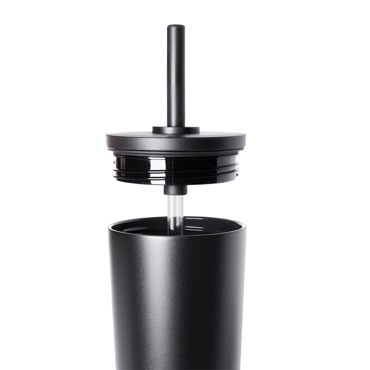 Black matte stainless steel tumbler with matching lid and straw, showing metallic gray reflections on the surface
