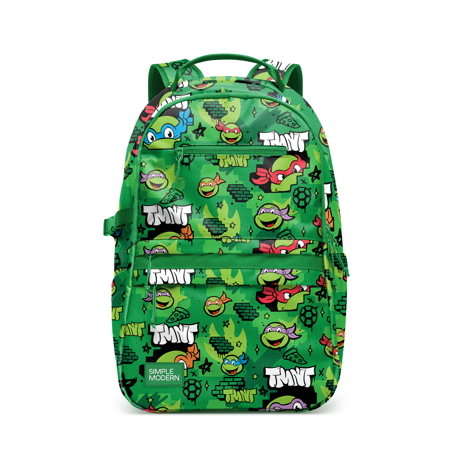 Colorful backpack with bright kelly and forest green base, accented with yellow, blue, red, orange, purple, and white stripes and details throughout
