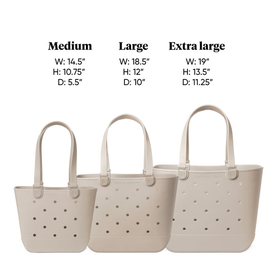 Three beige perforated tote bags in increasing sizes: Medium (14.5"W x 10.75"H x 5.5"D), Large (18.5"W x 12"H x 10"D), and Extra Large (19"W x 13.5"H x 11.25"D), each with dual handles and Simple Modern branding.
