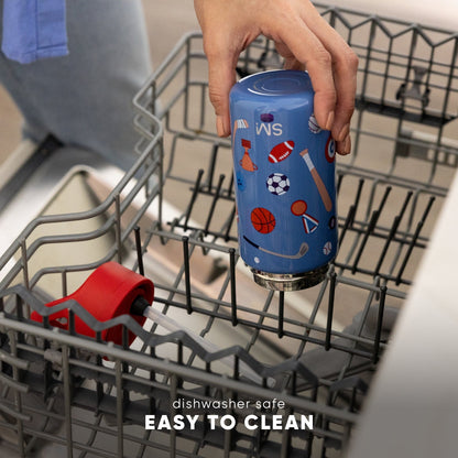 Child's hand holding periwinkle blue SM Summit 2.0 bottle with sports graphics inside open dishwasher. Text reads "dishwasher safe" and "easy to clean." Demonstrates product durability and maintenance.