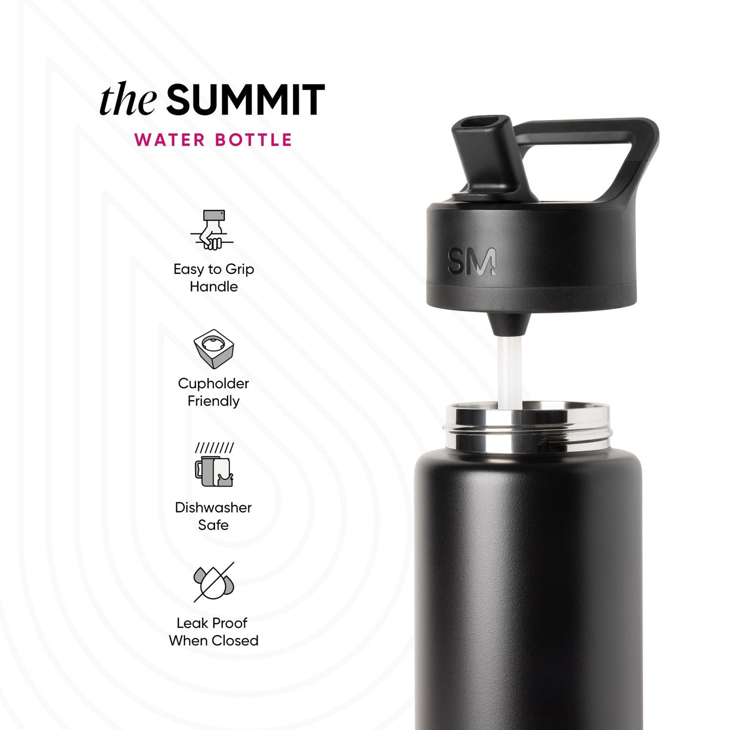 Black Simple Modern Summit Water Bottle with handle, shown against white background with icons highlighting features: easy grip handle, cupholder friendly, dishwasher safe, and leak proof design.
