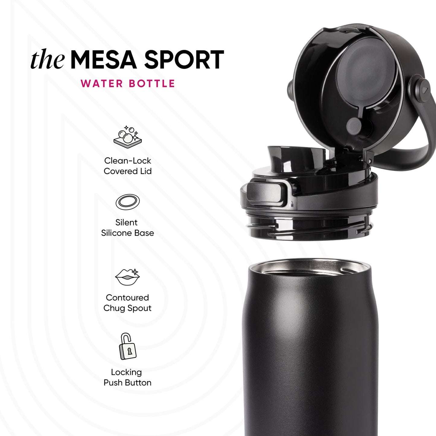 Black water bottle with gray metallic accents and black lid on white background