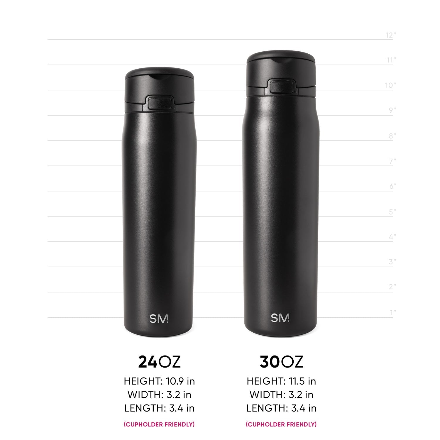 Two Simple Modern insulated water bottles in charcoal black shown side-by-side for size comparison. Left: 24OZ bottle. Right: 30OZ bottle. Both feature identical design with push-button caps and SM logo. Measurement scale