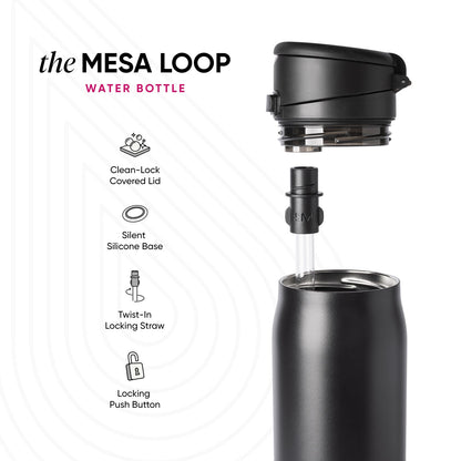 Mesa Loop water bottle by Simple Modern displayed disassembled, showing matte black double-wall design with flip-top lid and straw. Four feature icons on left highlight Clean-Lock Covered Lid, Silent Silicone Base, Twist-In