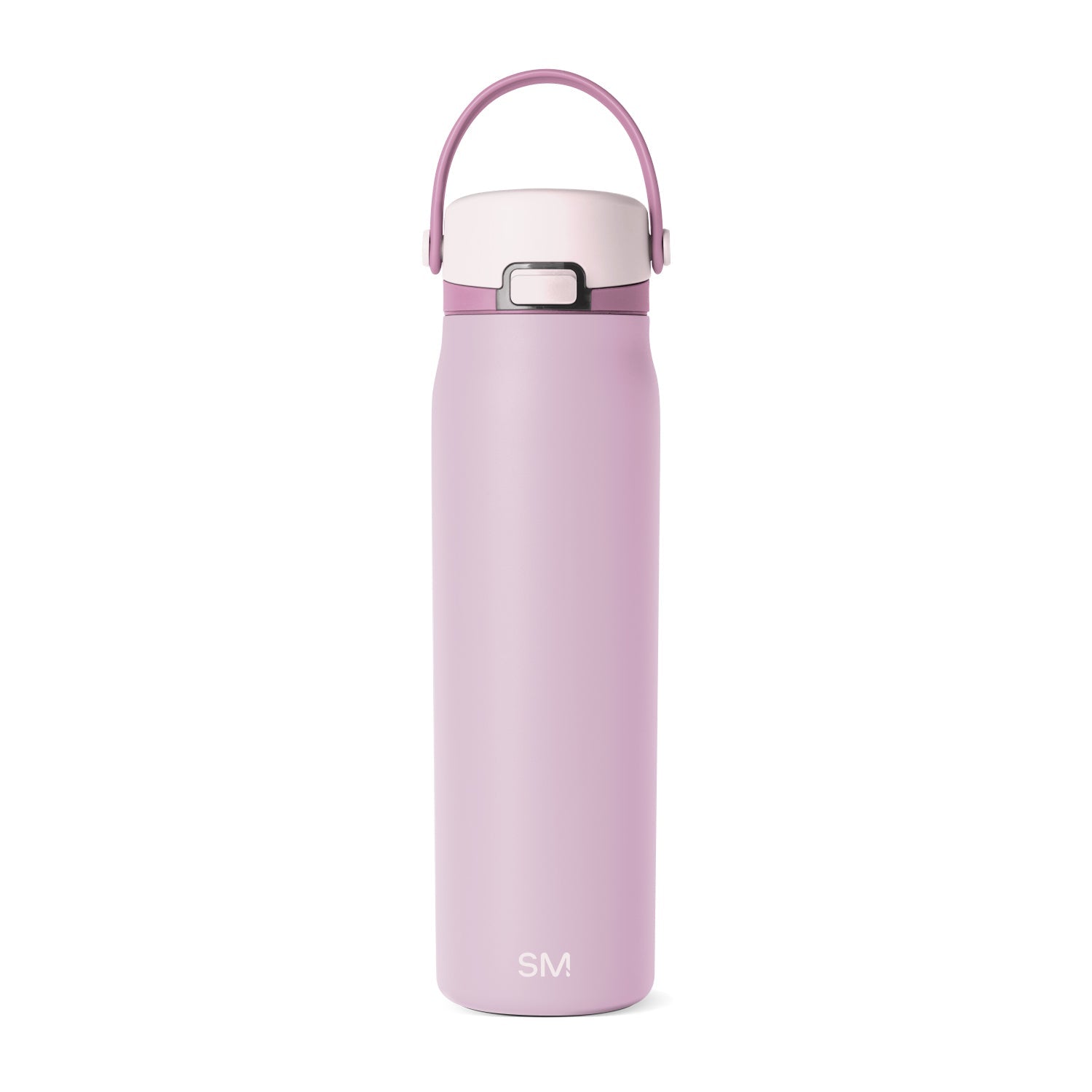 Tall insulated water bottle in soft mauve pink with cream-colored top and rounded cap, cylindrical body with flat bottom, displayed against white background