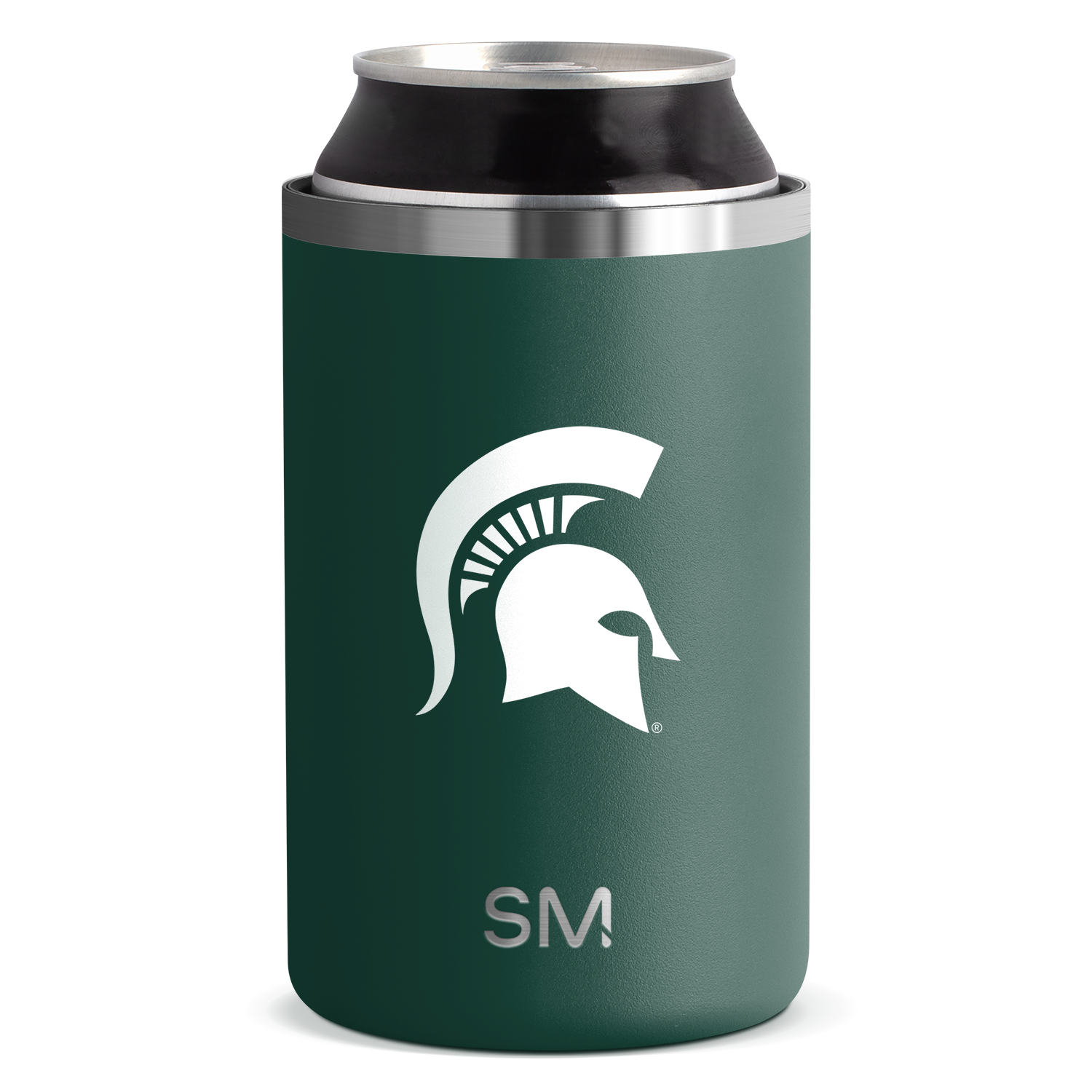 Forest green can cooler with brushed stainless steel band accents on upper rim and lower base