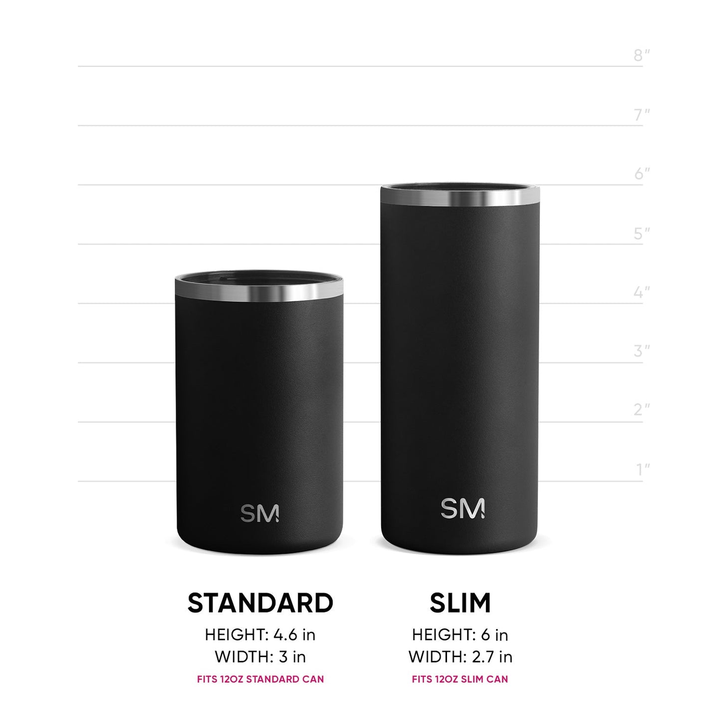 Two black insulated can coolers shown side by side with measurement scale. Left: Standard cooler, 4.6 inches tall, fits 12oz standard cans. Right: Slim cooler, 6 inches tall, fits 12oz slim cans. Both feature stainless steel