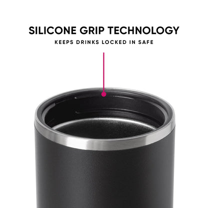 Charcoal gray Ranger can cooler with brushed stainless steel band and hot pink silicone grip technology accent, shown against white background. Double-wall insulated design.