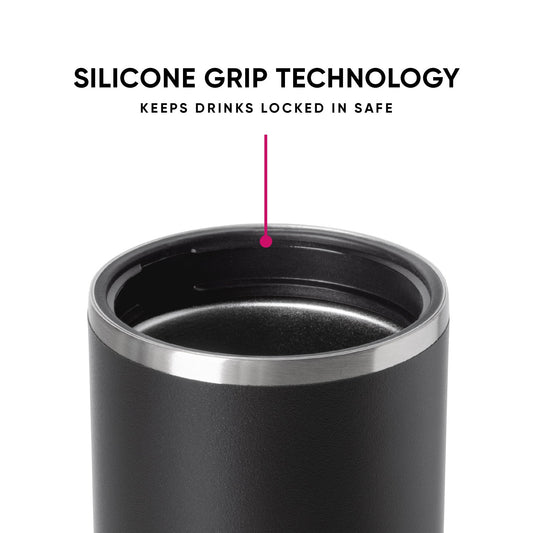 Dark charcoal gray Ranger can cooler with silicone grip texture, metallic silver rim band, and magenta accent line pointing to feature. Text reads "Silicone Grip Technology Keeps Drinks Locked In Safe." White background.