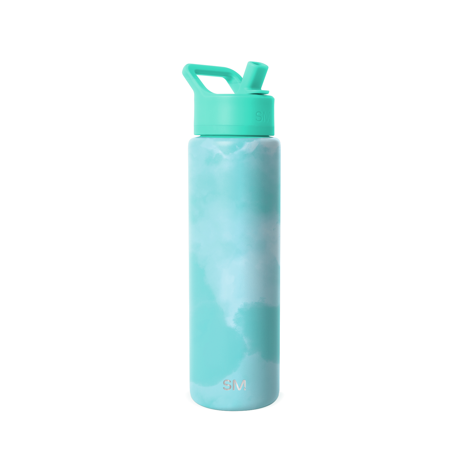 Soft turquoise water bottle with cloud-like tie-dye pattern in teal, light blue, and white shades. Solid-colored cap and carry loop.