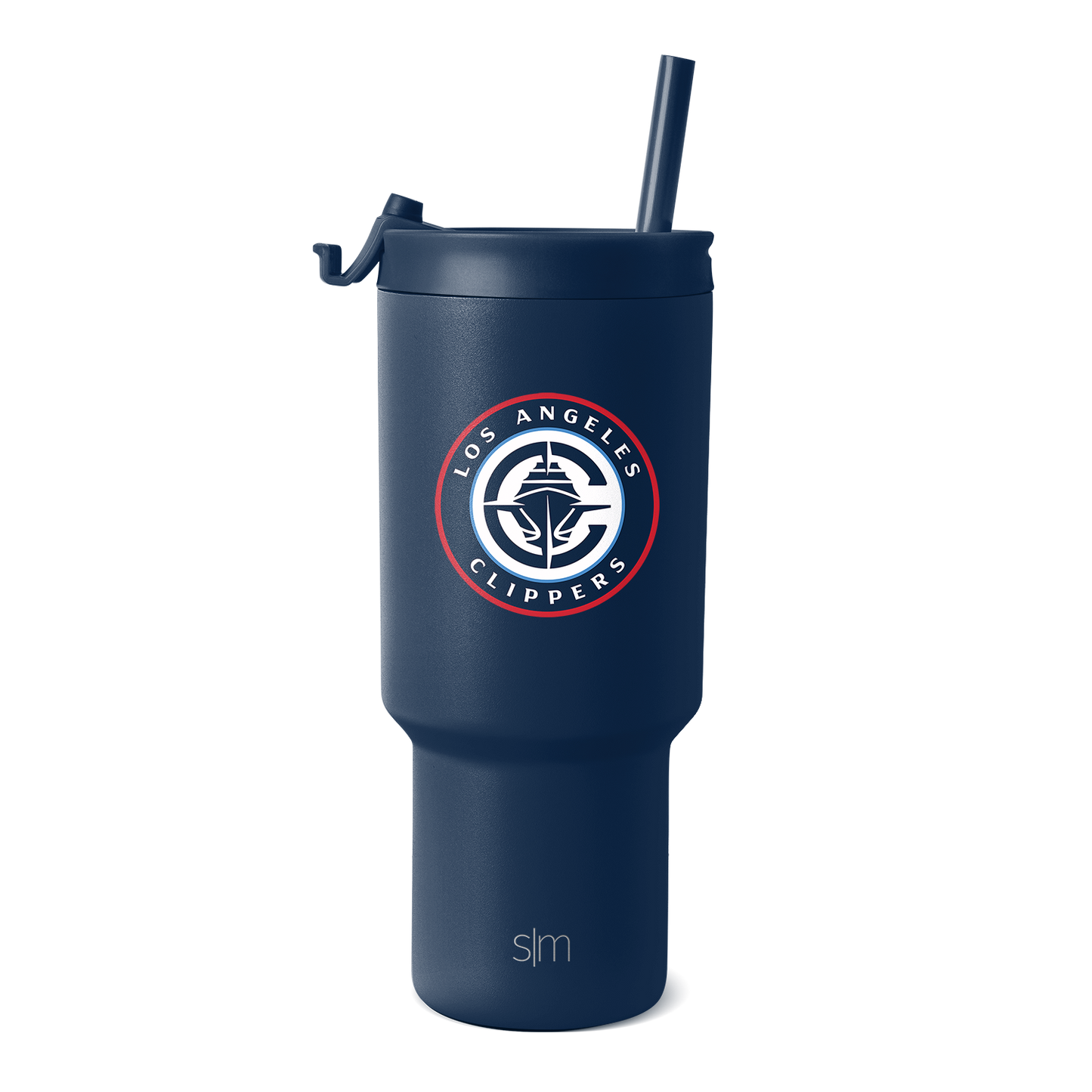 Deep navy blue tumbler with red and white circular logo branding