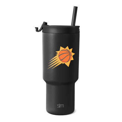 Matte black tumbler with vibrant orange and yellow Phoenix team logo featuring a golden yellow sunburst design