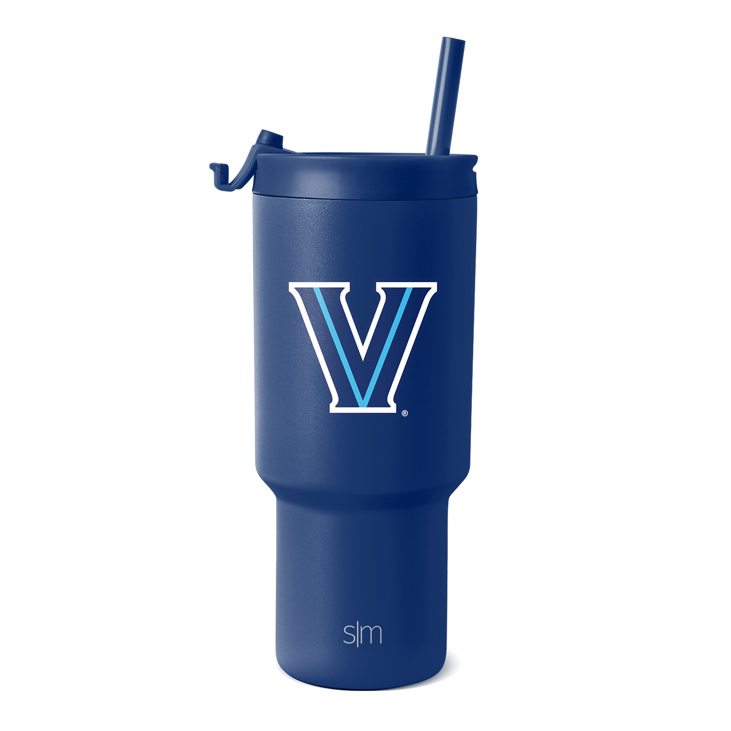 Deep navy blue insulated tumbler with periwinkle striped logo design, white lid and handle