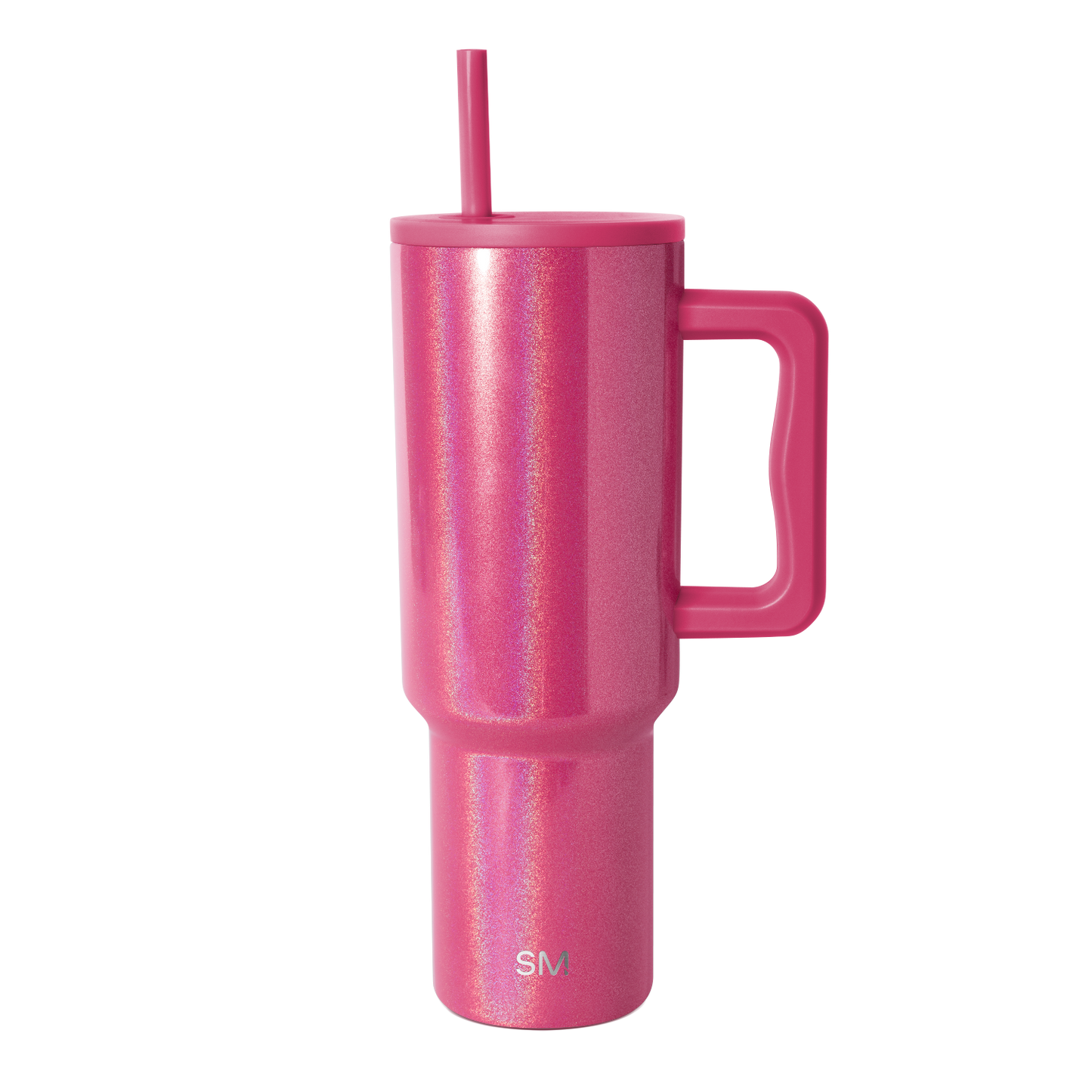 Hot pink tumbler with iridescent glitter finish and shimmering silver holographic highlights