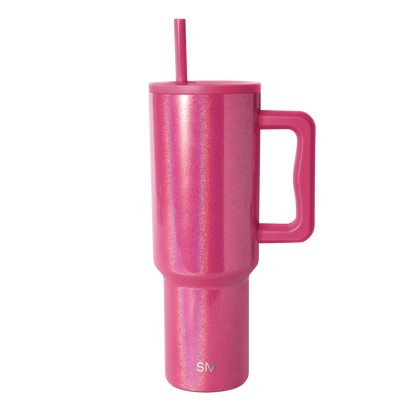 Hot pink tumbler with iridescent glitter finish and shimmering silver holographic highlights