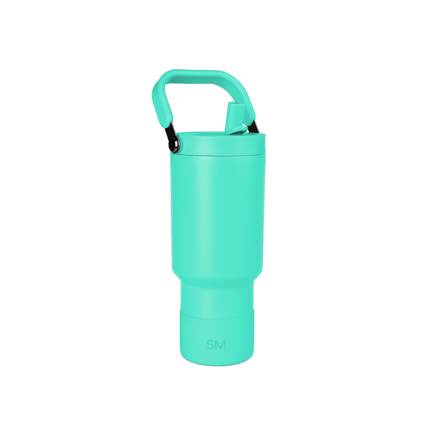 Vibrant turquoise product with black carabiner clips on handle attachment
