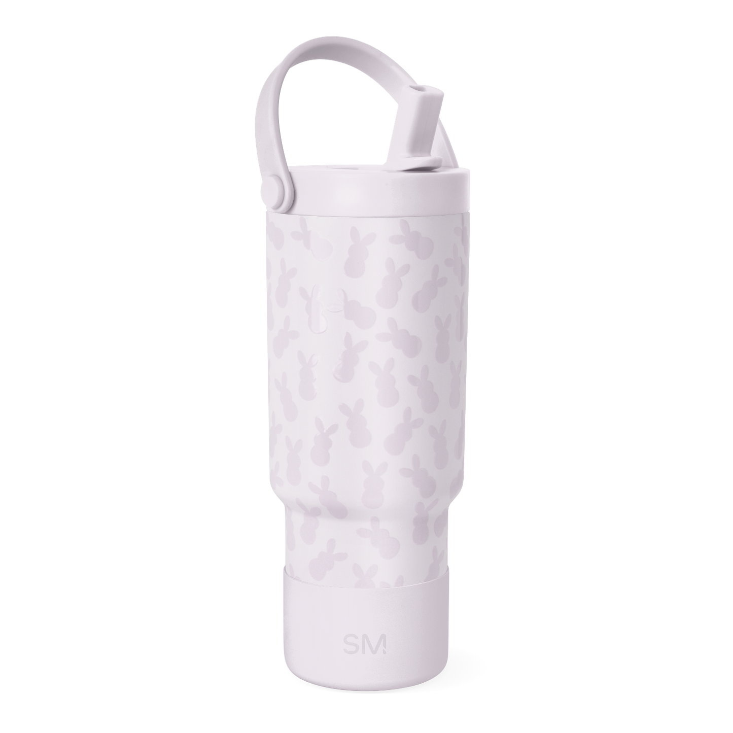 Pale lavender bottle with darker mauve camouflage pattern, featuring a handle and top rim detail.